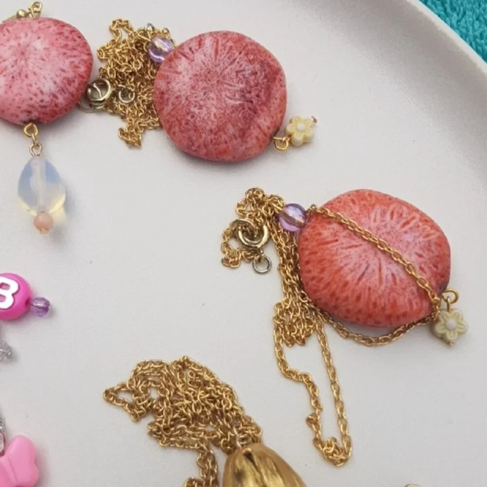 Patch & Roam Fossilized Pink Coral dangle earrings teardrop opalite nickel free - Picture 5 of 5